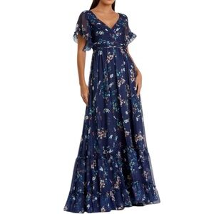 Mac Duggal Navy Multicolor Flounce Sleeve Floral Maxi Dress in Blue Multi sz 14